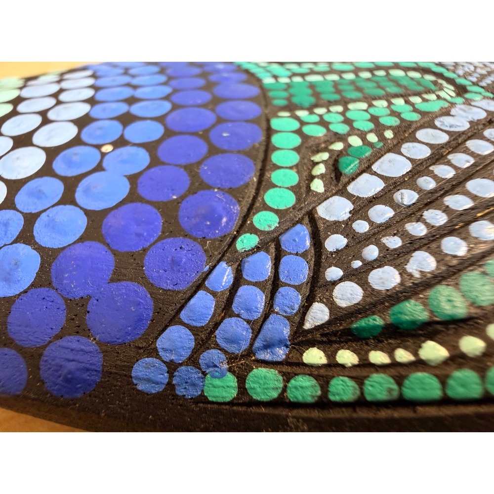 2 sided Hand Carved Wood Fish 12in Blue Dot Painted Black & White Boho Coastal - Picture 5 of 6